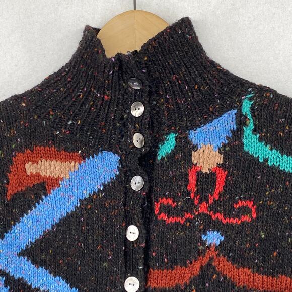 WARM & WONDERFUL Cardigan S Wool Hand Knit Speckled Button Up Black VTG England - Picture 5 of 16